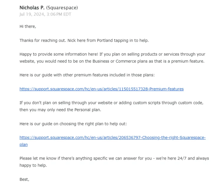 screenshot of email from Squarespace customer service.