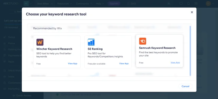 Screen capture of the Wix dashboard showing a selection of keyword research tools including Wincher, SE Ranking, and Semrush.