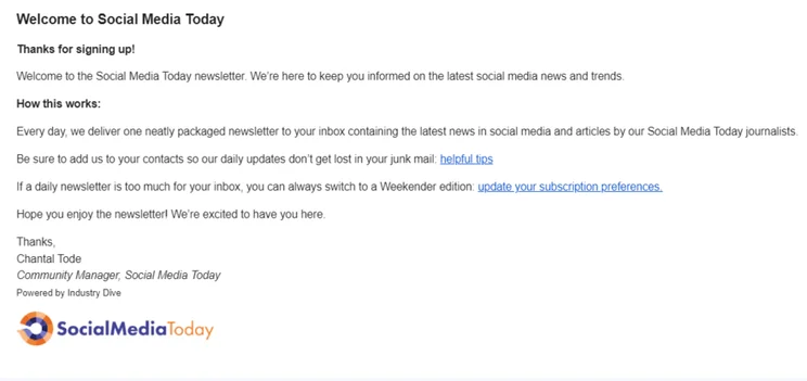Social Media Today newsletter welcome email