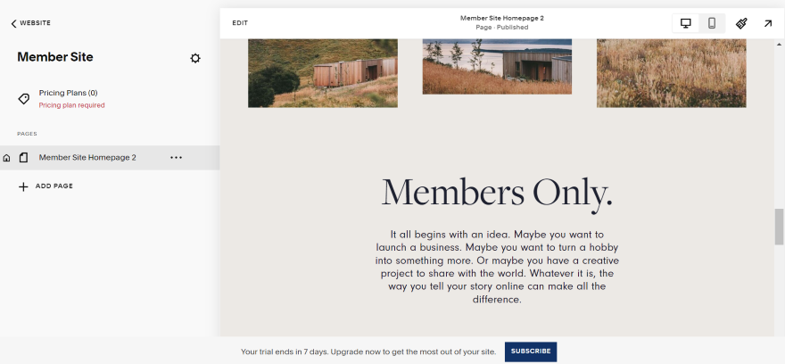 A user interface of the Squarespace editor showcasing the "Members Only" page editing options.