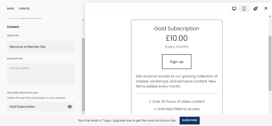 Screenshot showcasing the Squarespace editor with the Gold Subscription plan details visible, including pricing and sign-up options.