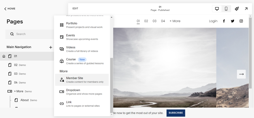 Screenshot of the Squarespace Editor interface showing the menu for website customization and page management.