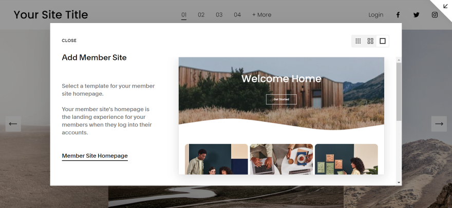 Screenshot of the Squarespace editor showing the Add Member Site feature with a sample template displayed.