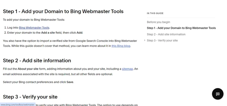 Screenshot showing steps on how to add a domain to Bing Webmaster Tools on Squarespace.