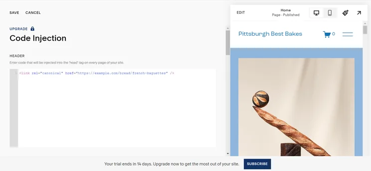 Screenshot of a Squarespace interface showing where to perform code injection for website customization.