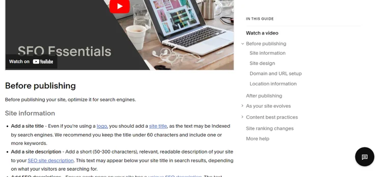 A Squarespace guide on a laptop screen discussing SEO essentials before publishing a website.