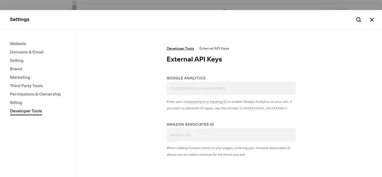 Screenshot highlighting the External API Keys section on the Squarespace dashboard settings menu
