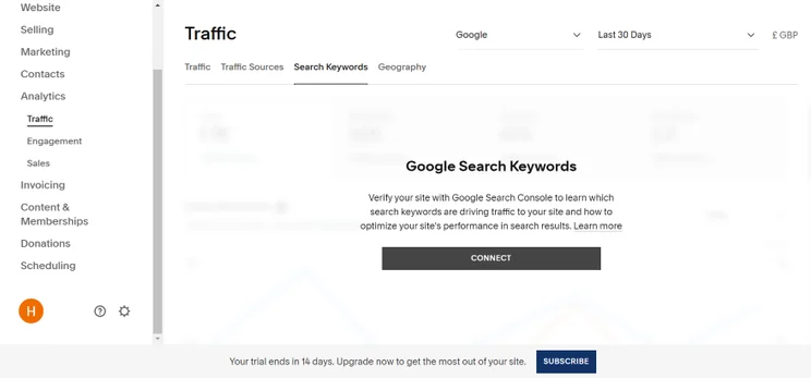 Screenshot showing the Squarespace dashboard with traffic analytics and Google Search Keywords integration.