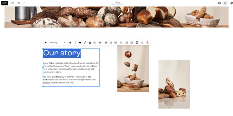 A screenshot showcasing the Squarespace editor interface with a text box editing a bakery's story page.
