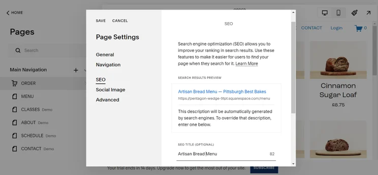 Screenshot of the Squarespace editor interface showing the SEO settings panel for a website page.
