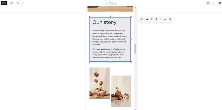 A Squarespace website's mobile view displaying a bakery's story page with text and images.