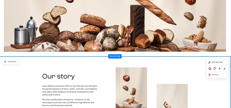 A diverse assortment of baked goods artistically arranged on a webpage editing interface showcasing the Squarespace editor's photo customization capabilities.