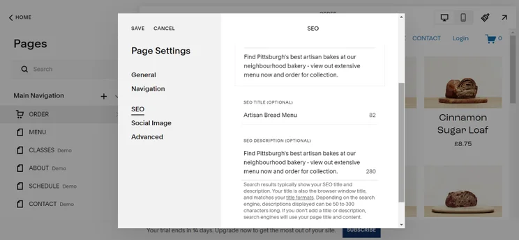 Screenshot of Squarespace editor showing SEO settings for a page, illustrating how to optimize a website's search engine visibility.