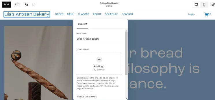 A screenshot showcasing step-by-step Squarespace website building process for an artisan bakery.