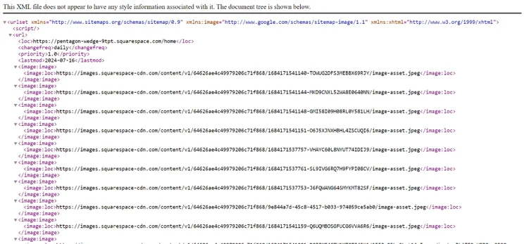 Screenshot showing a section of a Squarespace XML sitemap with URLs and image links.
