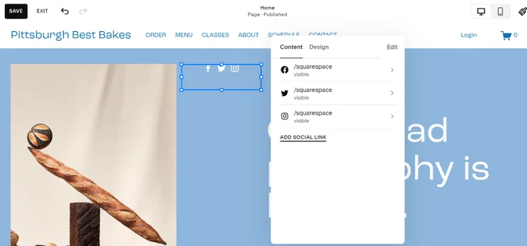 A user interacting with the Squarespace editor interface while customizing a web page with social media icons and links.
