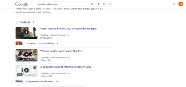 Screenshot showing search results on Google with a video section featuring Website Builder Expert tutorials.