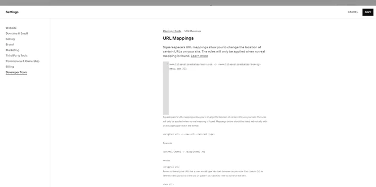 Screenshot displaying Squarespace settings page for URL Mappings, exemplifying how to set up 301 redirects.
