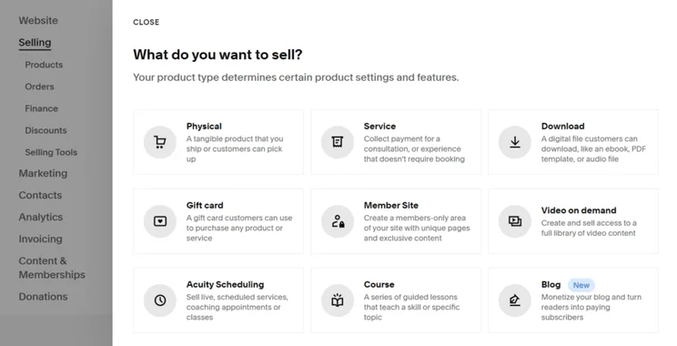 Product options in Squarespace's selling option