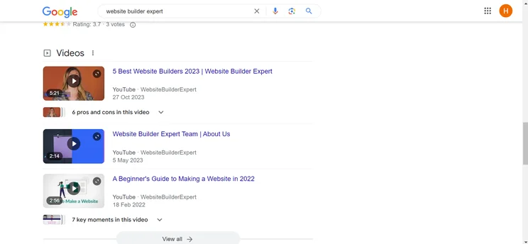 Screenshot showing structured data impact on Google SERPs, featuring video results for a search query.