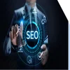 Man pointing at various SEO symbols floating in the air