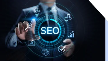 Man pointing at various SEO symbols floating in the air