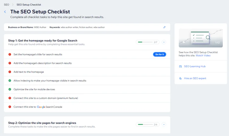 Wix's SEO checklist for an author website