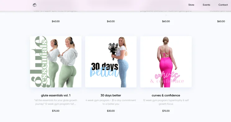 personal trainer BuiltbyLinds' website showing the fitness guides she has available to buy