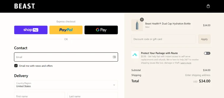 A user-friendly ecommerce site interface showing a simple checkout screen with express payment options and a summary of the purchase.