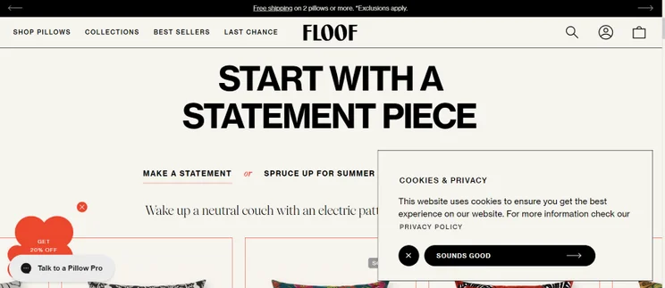 Ecommerce site homepage featuring a bold 'START WITH A STATEMENT PIECE' banner for home d&eacute;cor collections.