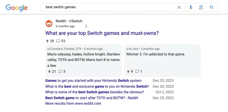 Reddit snippet test example in Google search result for "best switch games"