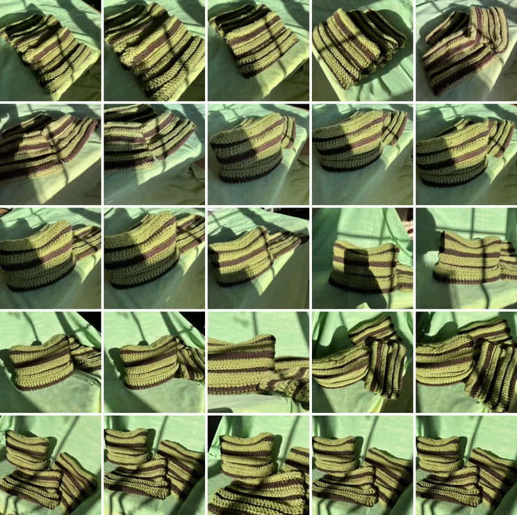 a collage of 25 pictures taken of two green and brown hats with a green background in various positions