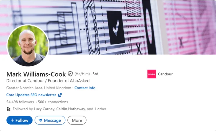 screenshot of Mark Williams-Cook's LinkedIn header and profile photo