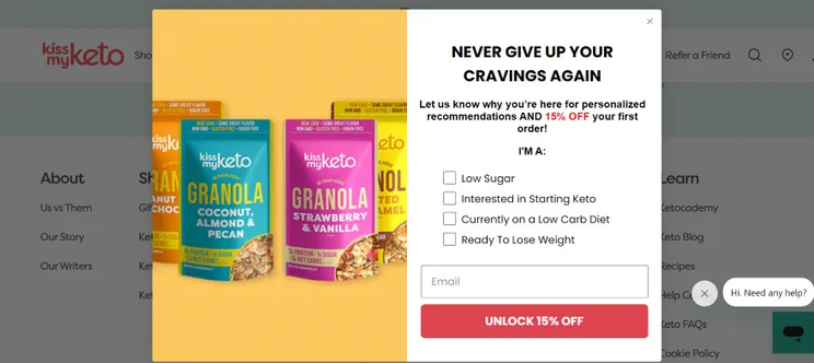 Screenshot of Kiss My Keto's overlay screen offering 15% off your next order