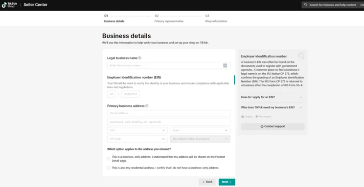 screenshot from the TikTok Shop setup page