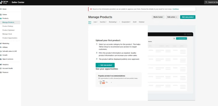 TikTok Shop dashboard page manage your products