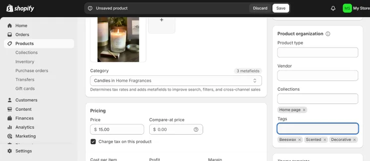 A screenshot of the Shopify ecommerce dashboard showing the product management interface for a candle in the Home Fragrances category.