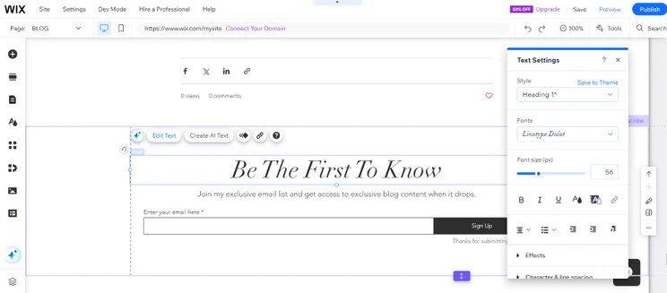 Screenshot of a Squarespace editor interface showing text editing options and web design tools.