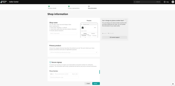 Screenshot from the TikTok Shop signup page