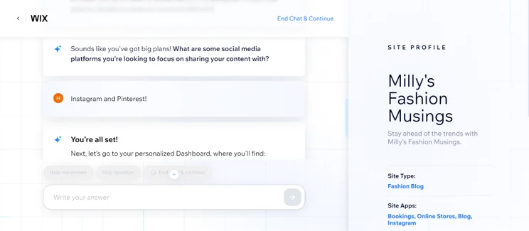 Screenshot showing a conversation with Wix AI interface guiding a user for social media content sharing on Instagram and Pinterest.