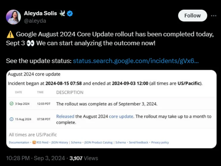 Tweet from Aleyda Solis announcing the Google update is complete