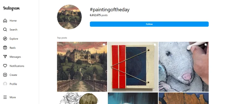 Screenshot of the Instagram hashtag "paintingoftheday" and the related posts that've tagged it