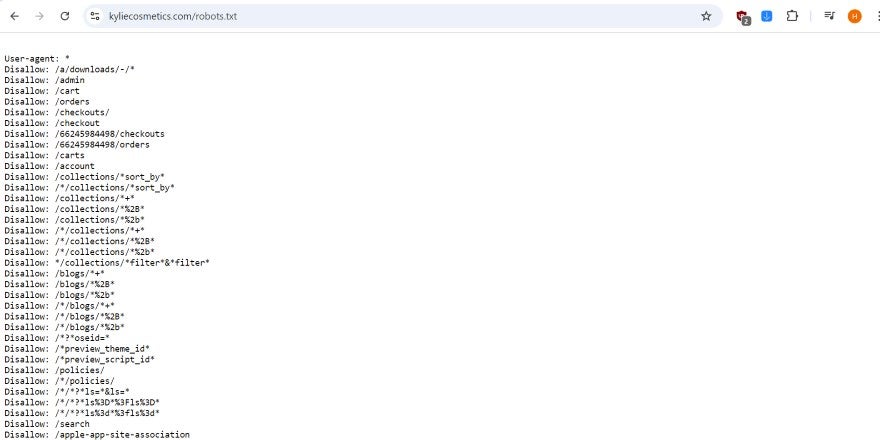Screenshot of a robots.txt file from the Kylie Cosmetics website