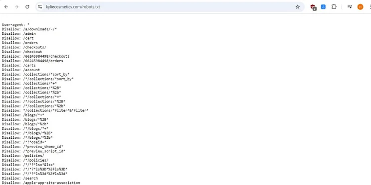 Screenshot of a robots.txt file from the Kylie Cosmetics website