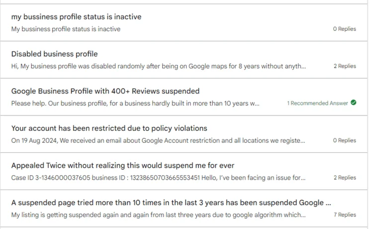 6 posts seeking help on the google business profile community forum