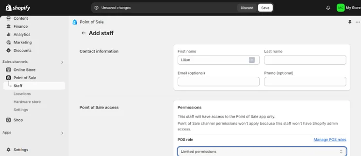 Screenshot of the Shopify POS dashboard where you can add staff to your system