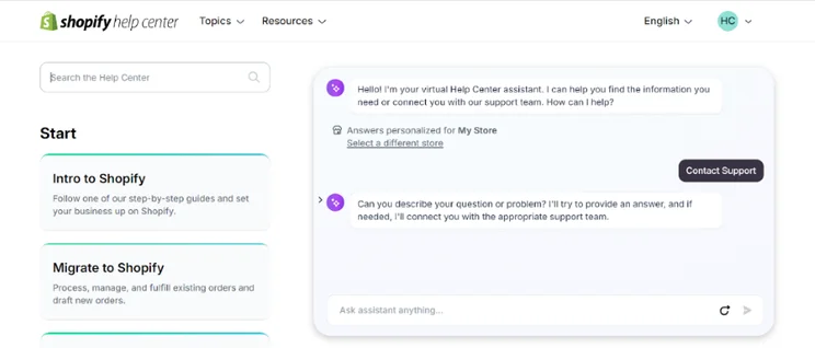 Screenshot of Shopify's support page demonstrating a conversation with the live chat bot