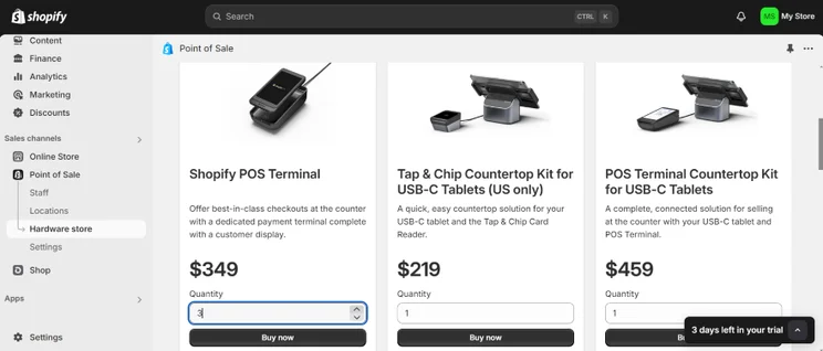 Screenshot of the Shopify POS dashboard with images and listed features of the POS hardware available to purchase.