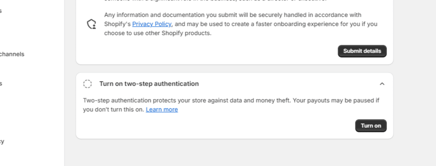 Prompt to turn on two-step authentication for Shopify payments