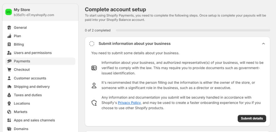 Shopify payments settings page prompting to complete account setup by submitting details